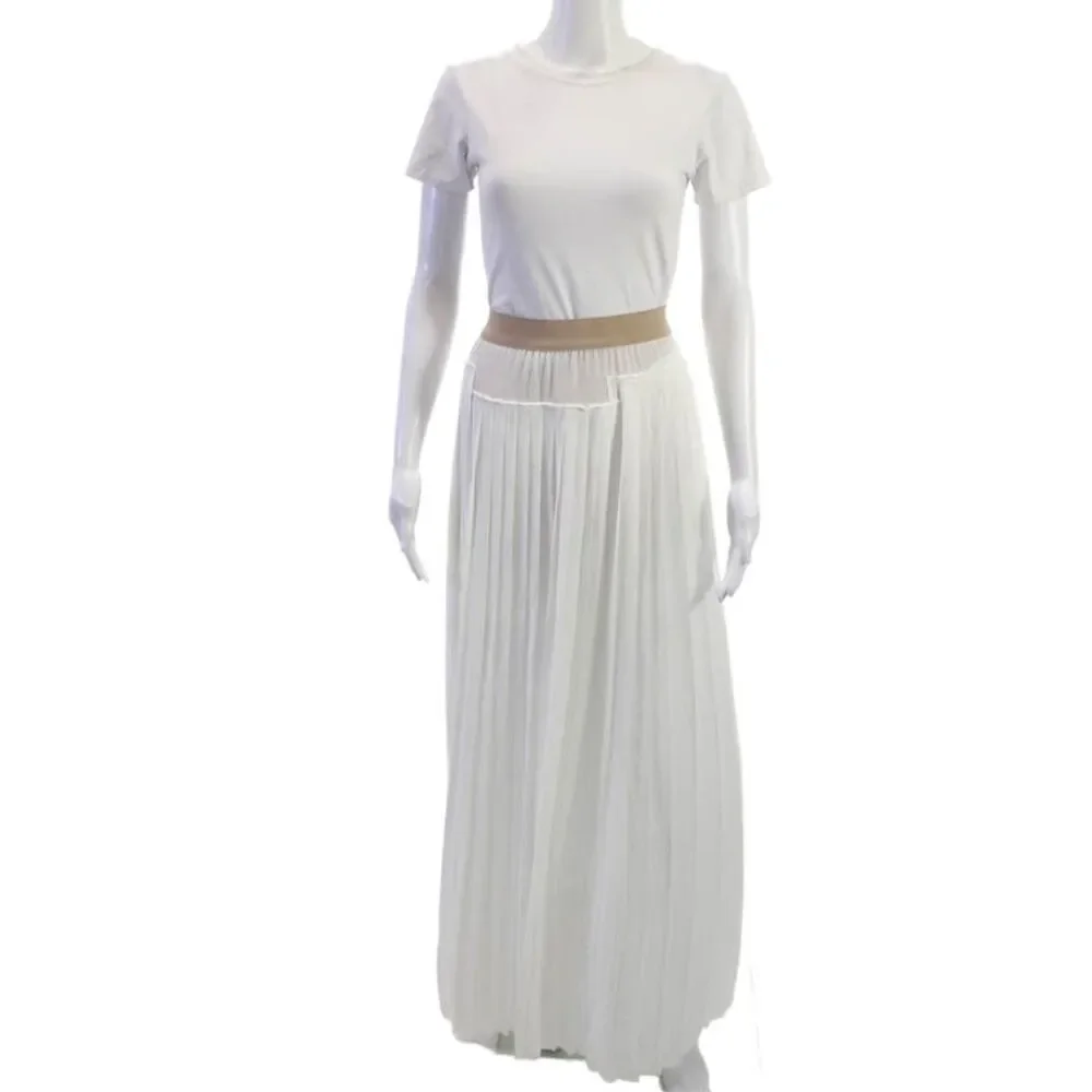 BCBGMAXAZRIA Women Pleated Maxi Skirt White 100% Polyester Long Size L